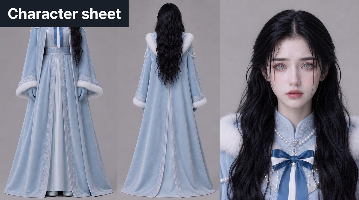 ▲ An actual character sheet used in the Carat Series title Bride Offered to the Dragon. Full body front and back plus the face on one image.