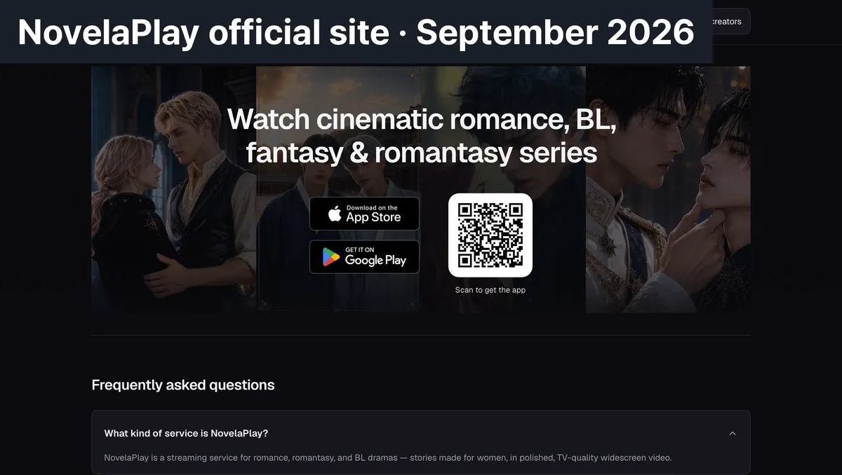 ▲ The NovelaPlay official page. It introduces itself as a women-oriented AI drama streaming service and lists BL as a core genre.