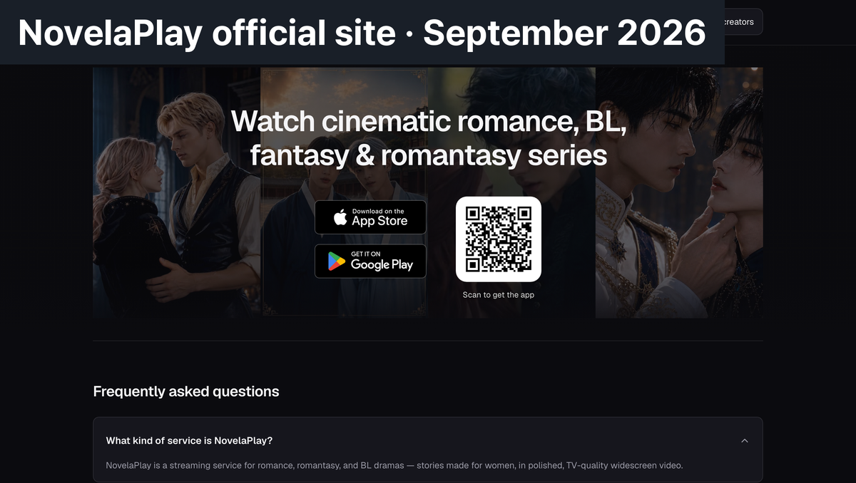 ▲ The NovelaPlay official page. It introduces itself as a women-oriented AI drama streaming service and lists BL as a core genre.