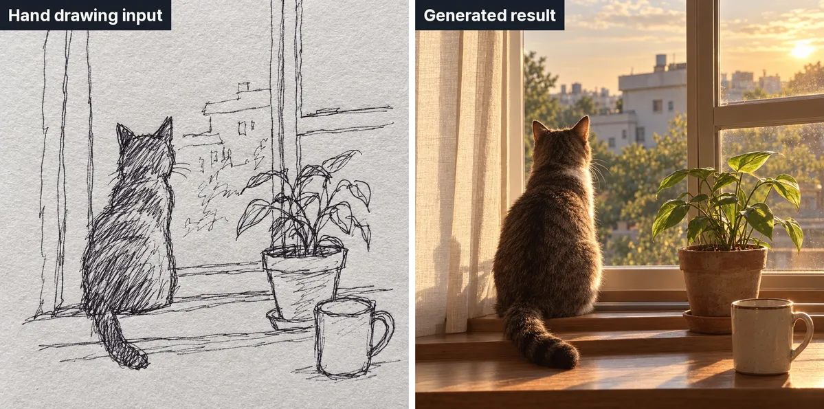 ▲ The hand drawing on the left, the result on the right. The cat's pose and the positions of the plant pot and the mug carried over as drawn.