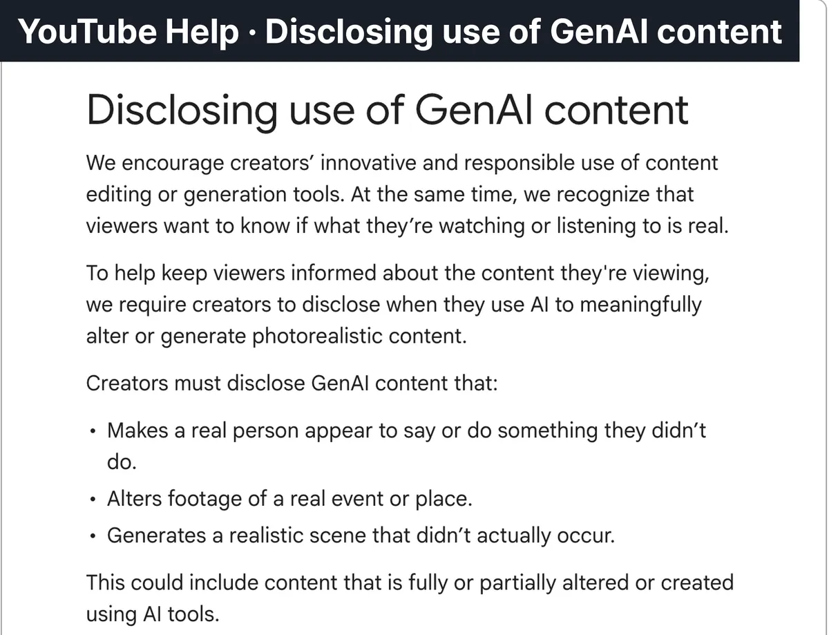 ▲ The three disclosure categories in YouTube official help. The third item is where AI BL drama lands.