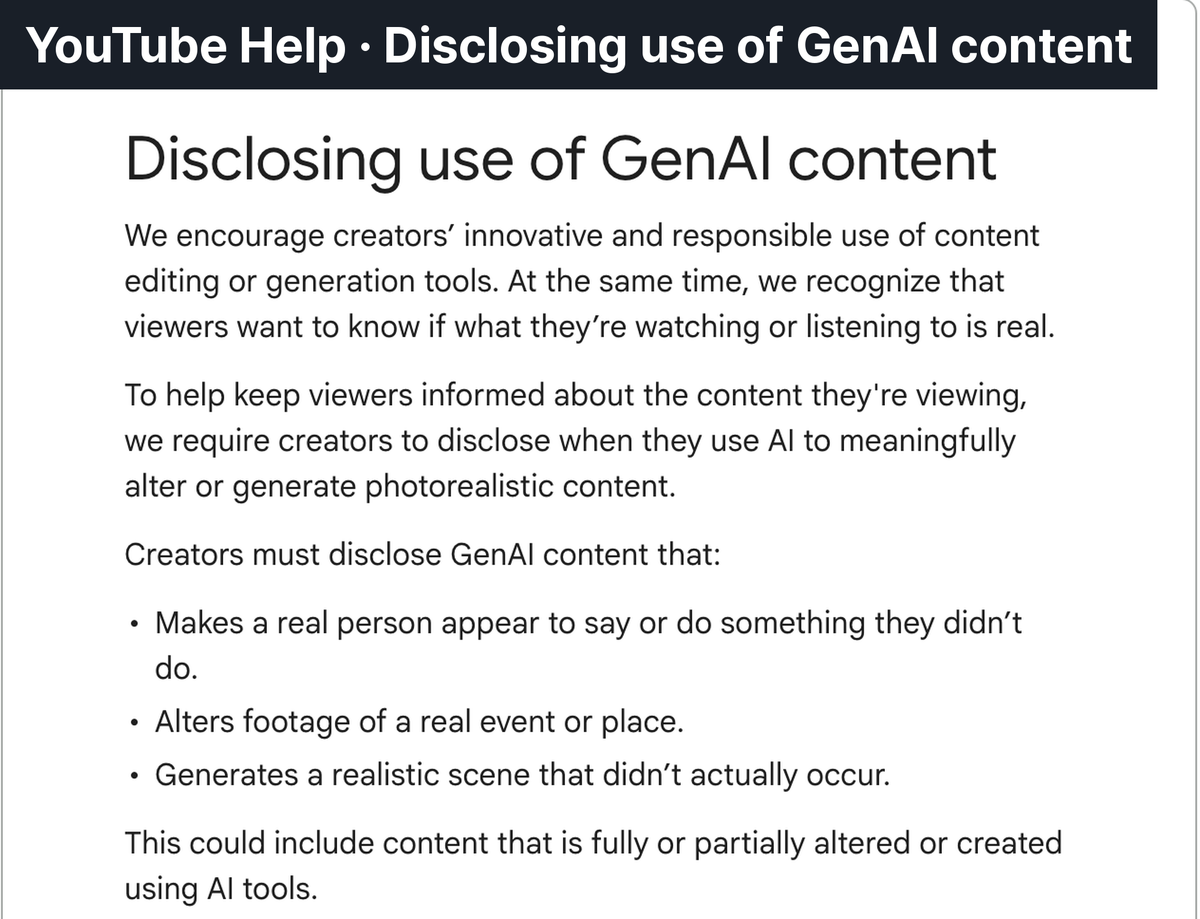 ▲ The three disclosure categories in YouTube official help. The third item is where AI BL drama lands.