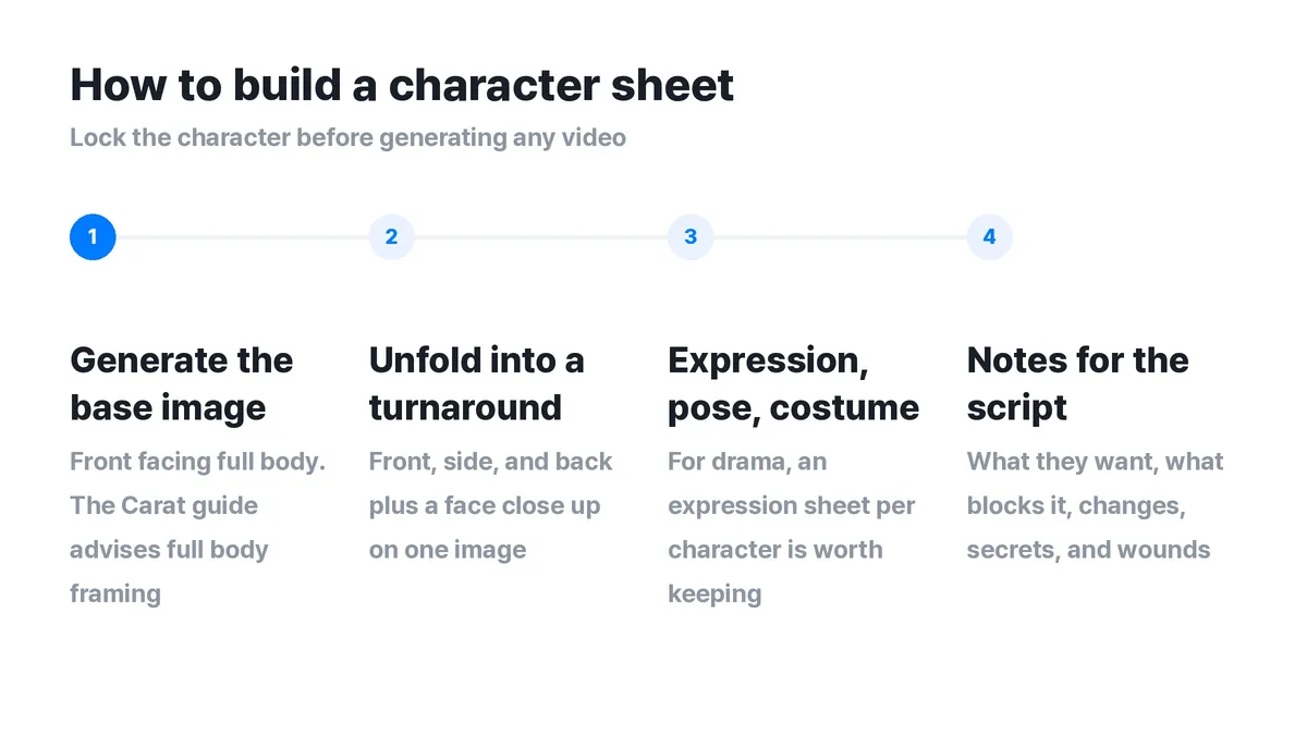 ▲ The two stages of building a character sheet and the four sheet types. Generate the base image first, then unfold it into a sheet.