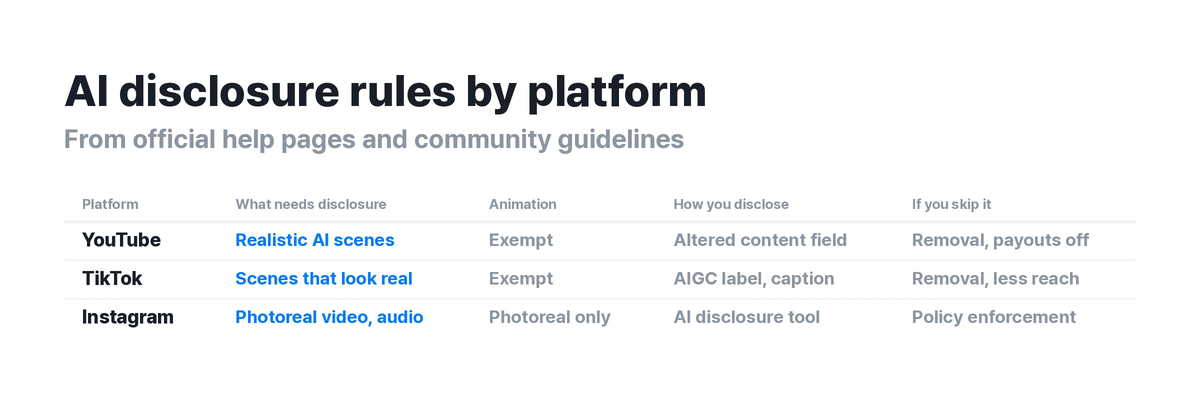 ▲ AI generated content disclosure fields compared across the major platforms. This is where the creator checks the box at upload.