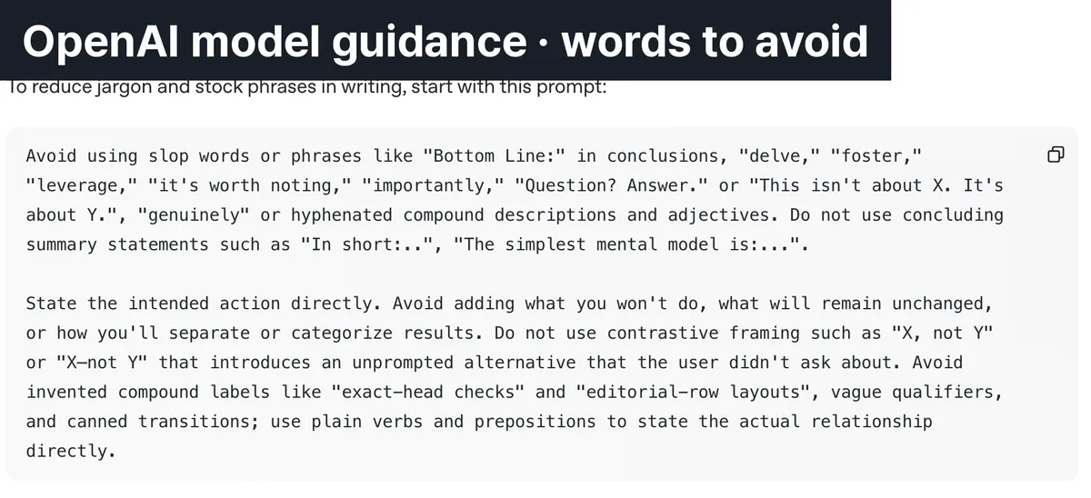 ▲ The avoid list written into the official document. It is built for English output, so other languages need a list of their own.