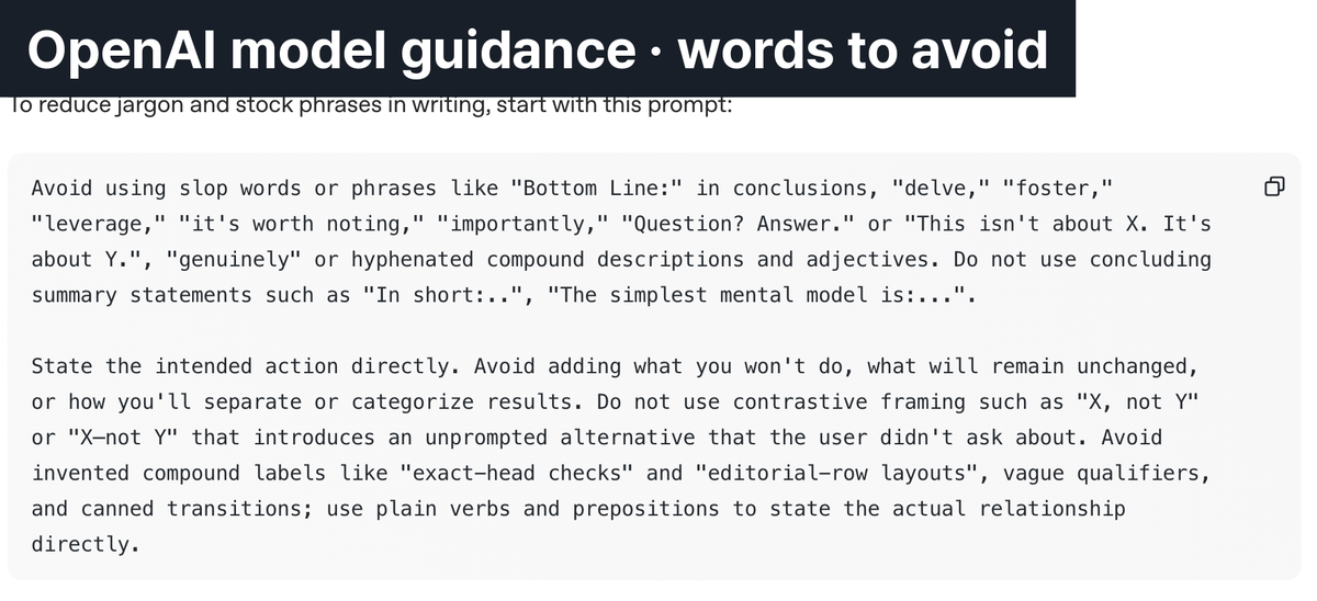 ▲ The avoid list written into the official document. It is built for English output, so other languages need a list of their own.
